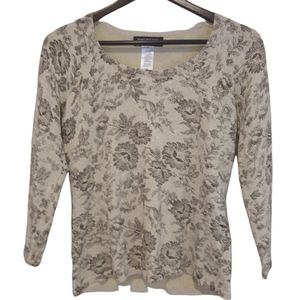 Jones New York Petite Shimmering Floral Silver Metallic Stretch Knit Top  PS